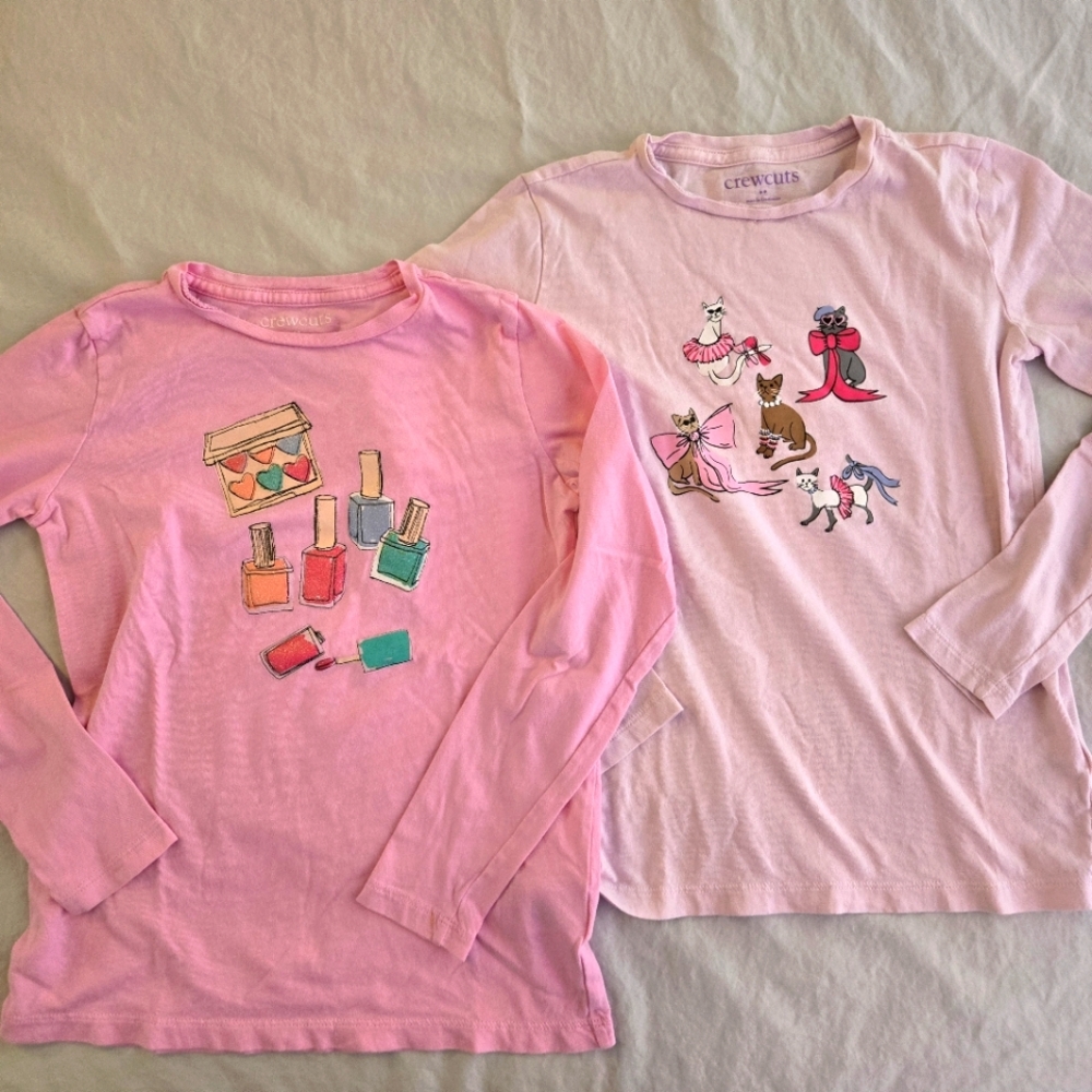 Crewcuts 2 Girls Long Sleeve Graphic Tshirts M 8-9 girly cats & makeup